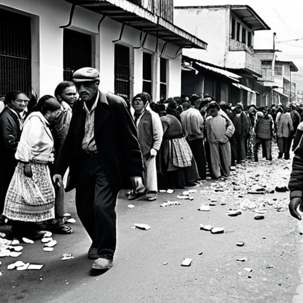 **Image Prompt 1:** A chaotic and desperate street scene in late 1990s Ecuador, illustrating hyperinflation. People with stressed expressions are rushing in a crowded market, clutching bundles of old Ecuadorian Sucre banknotes that appear devalued and worthless. Overturned market stalls and long, anxious queues outside a rundown bank building in the background. The atmosphere is one of economic collapse and widespread despair. Gritty, high-contrast, documentary style.