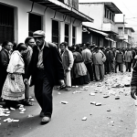 **Image Prompt 1:** A chaotic and desperate street scene in late 1990s Ecuador, illustrating hyperinflation. People with stressed expressions are rushing in a crowded market, clutching bundles of old Ecuadorian Sucre banknotes that appear devalued and worthless. Overturned market stalls and long, anxious queues outside a rundown bank building in the background. The atmosphere is one of economic collapse and widespread despair. Gritty, high-contrast, documentary style.