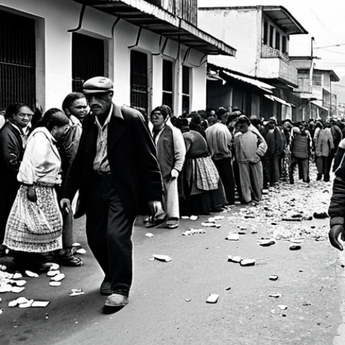 Home 15 **Image Prompt 1:** A chaotic and desperate street scene in late 1990s Ecuador, illustrating hyperinflation. People with stressed expressions are rushing in a crowded market, clutching bundles of old Ecuadorian Sucre banknotes that appear devalued and worthless. Overturned market stalls and long, anxious queues outside a rundown bank building in the background. The atmosphere is one of economic collapse and widespread despair. Gritty, high-contrast, documentary style.