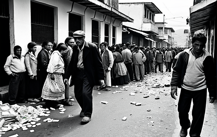 **Image Prompt 1:** A chaotic and desperate street scene in late 1990s Ecuador, illustrating hyperinflation. People with stressed expressions are rushing in a crowded market, clutching bundles of old Ecuadorian Sucre banknotes that appear devalued and worthless. Overturned market stalls and long, anxious queues outside a rundown bank building in the background. The atmosphere is one of economic collapse and widespread despair. Gritty, high-contrast, documentary style.