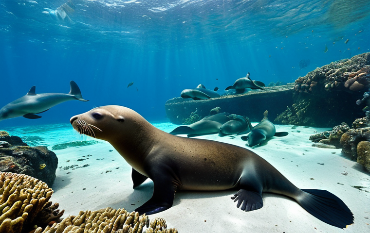 Snorkeling with Sea Lions**

"A fully clothed snorkeler, wearing appropriate swimwear, surrounded by playful sea lions in the clear waters of the Galápagos Islands, vibrant coral reef visible in the background, safe for work, perfect anatomy, natural proportions, underwater photography, bright lighting, high quality, professional photography, family-friendly, appropriate content, Galapagos Islands National Park."

**