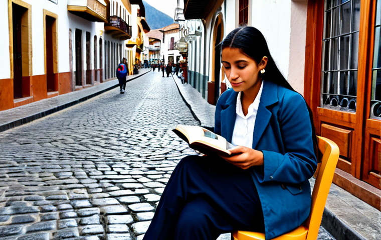 **

"A cozy scene in Cuenca, Ecuador. A fully clothed woman in modest attire is sitting at a cafe, sipping coffee and reading a book. Cobblestone streets and colonial architecture in the background. Professional photography, perfect anatomy, correct proportions, safe for work, appropriate content, fully clothed, family-friendly. "

**
