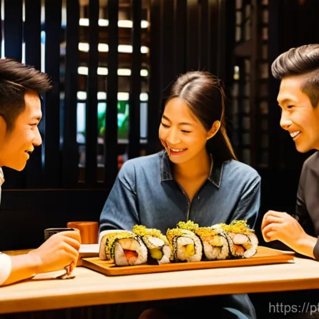 에콰도르에서 일본 문화의 영향 - **"A bustling, modern restaurant in Quito, Ecuador, where a group of young, casually dressed friends...