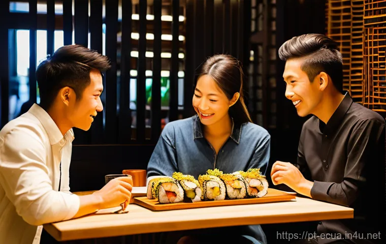 에콰도르에서 일본 문화의 영향 - **"A bustling, modern restaurant in Quito, Ecuador, where a group of young, casually dressed friends...
