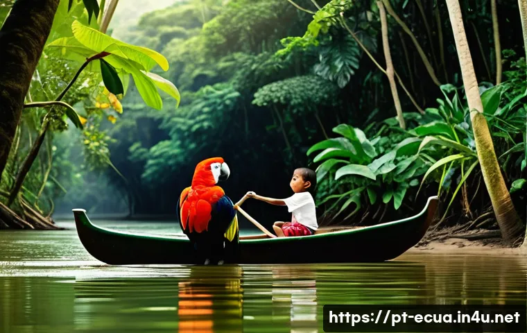 에콰도르 자연경관 베스트 10 - **Prompt: "A vibrant and untouched scene from the Ecuadorian Amazon rainforest. A traditional wooden...