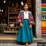 에콰도르에서 패션 트렌드 - A vibrant street fashion scene in Ecuador featuring a young adult woman wearing a modernized traditi...