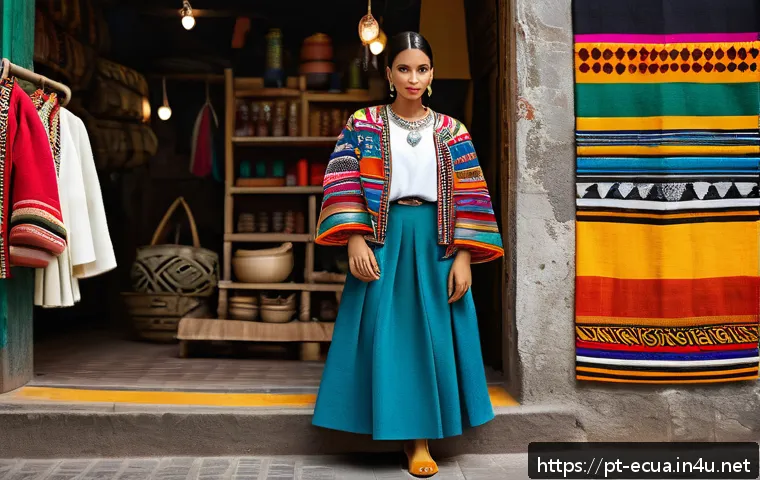에콰도르에서 패션 트렌드 - A vibrant street fashion scene in Ecuador featuring a young adult woman wearing a modernized traditi...