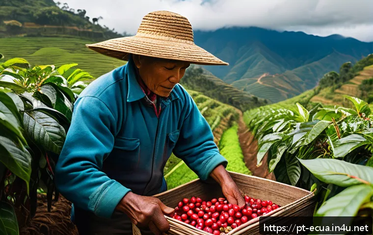 에콰도르 커피 맛집 - A vibrant coffee farm scene in the Loja region of Ecuador, showcasing lush green coffee plants on st...