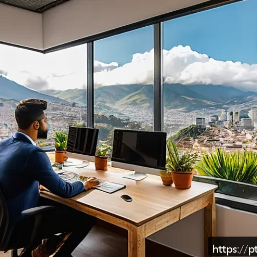 에콰도르 영어 통용 여부 - A modern Ecuadorian coworking space filled with young professionals working remotely on laptops, som...