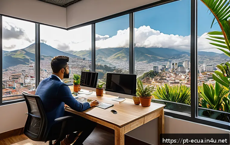 에콰도르 영어 통용 여부 - A modern Ecuadorian coworking space filled with young professionals working remotely on laptops, som...