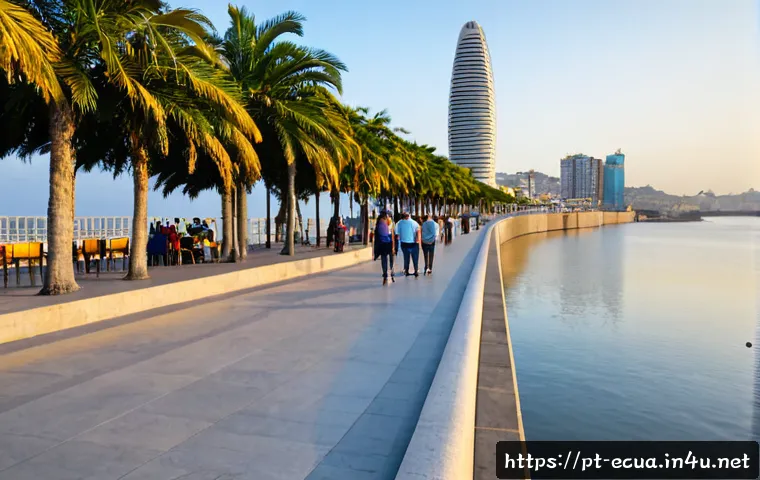 Home 17 과야킬 여행 추천지 - Photorealistic wide-angle view of Guayaquil’s Malecón 2000 at golden hour, calm Guayas River reflect...