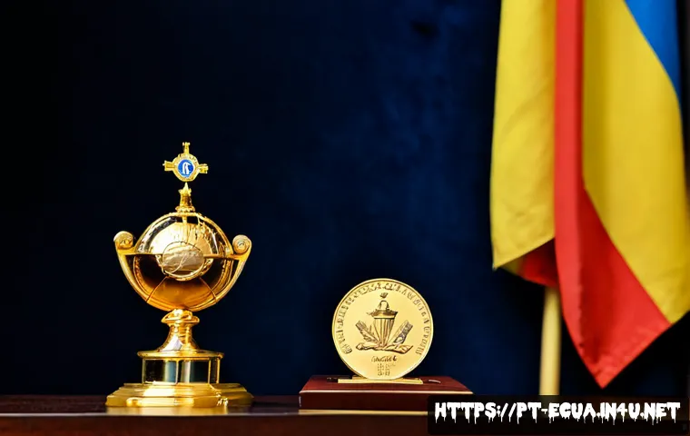 Home 17 에콰도르 노벨상 수상자 - Photorealistic editorial still life illustrating Ecuador and the Nobel Prize, a polished gold medal ...